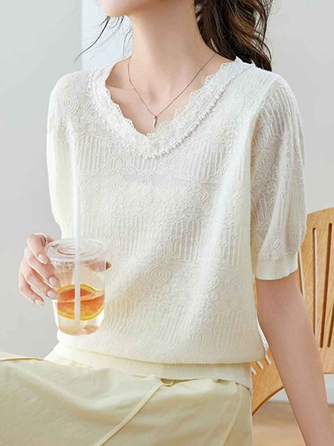 Abigail Classic V-Neck Lace Jacquard Knitted Top