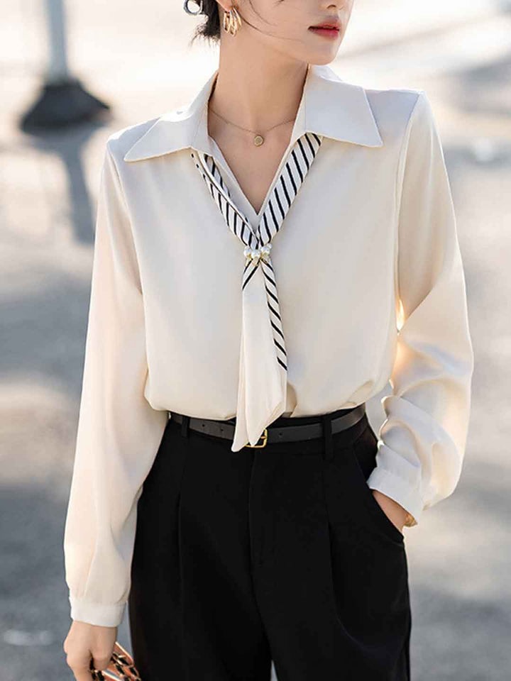 Olivia Lapel Solid Color Satin Ribbon Shirt