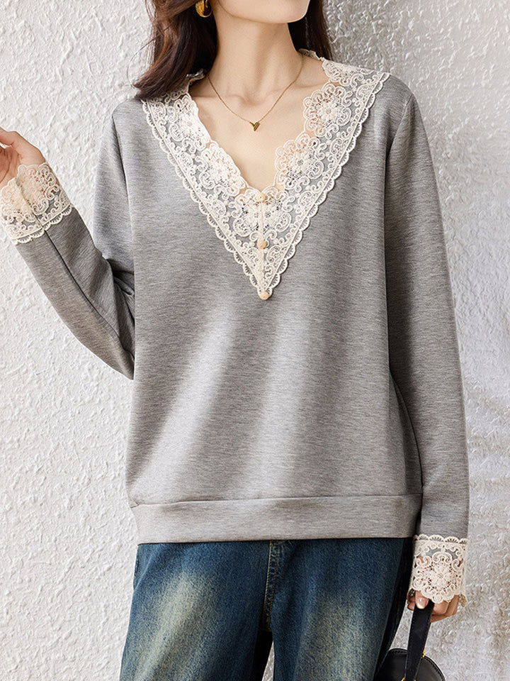 Brooke Loose V-Neck Lace Sweatshirt