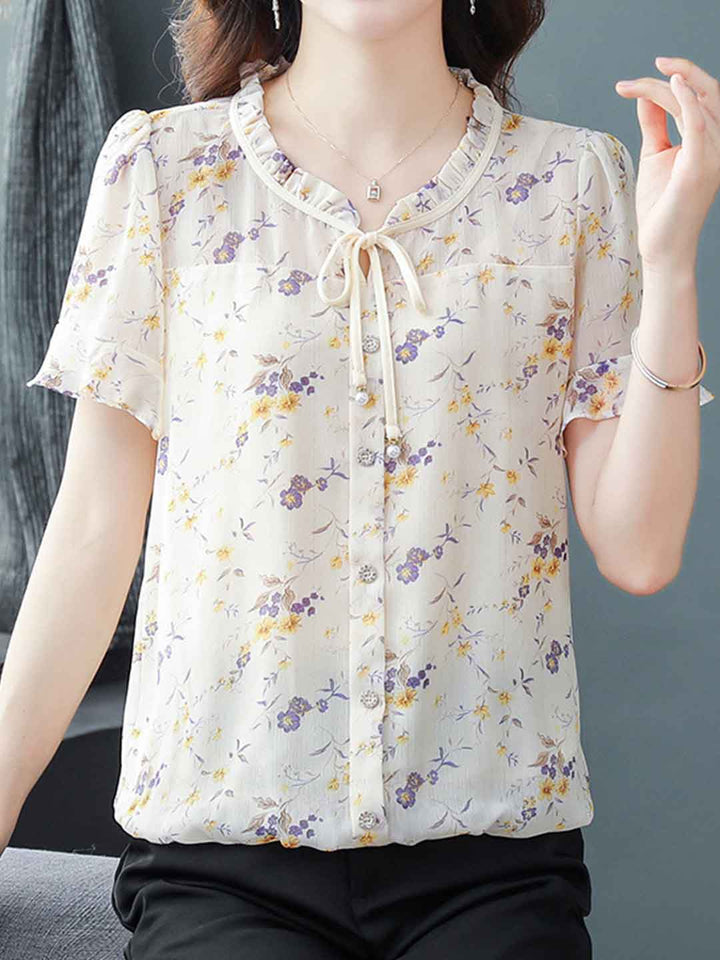 Serenity Loose V-Neck Printed Chiffon Top