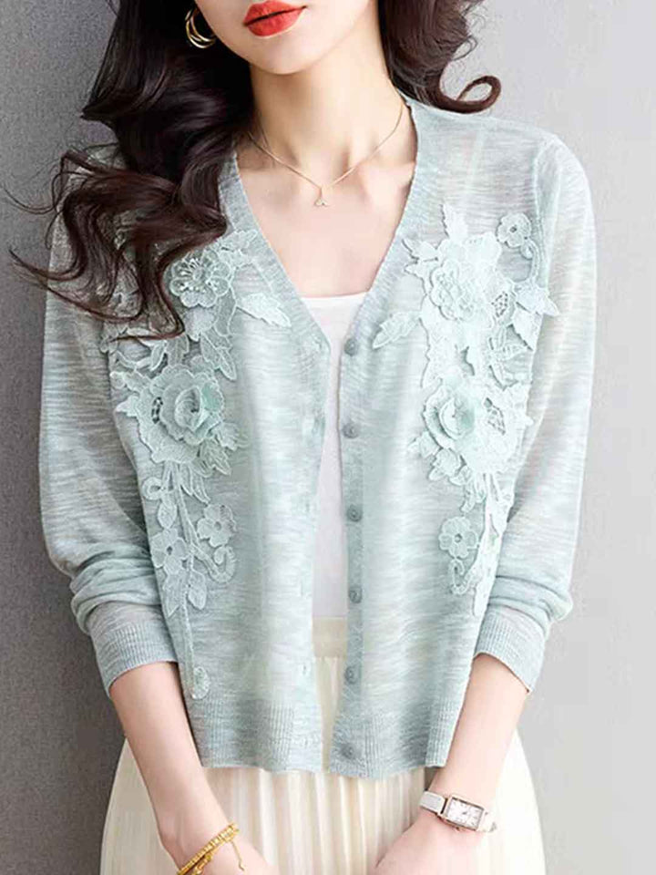 Zoe Elegant V-Neck Hollowed Embroidered Knitted Cardigan-White
