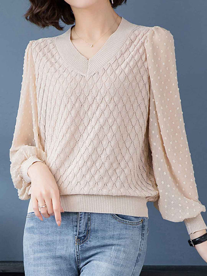 Taylor Classic V-Neck Sheer Sleeve Solid Color Top