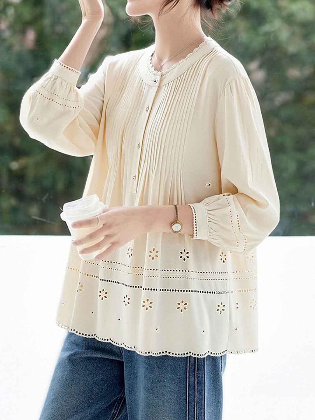 Madison Daily Crew Neck Crochet Accordion Pleated Top