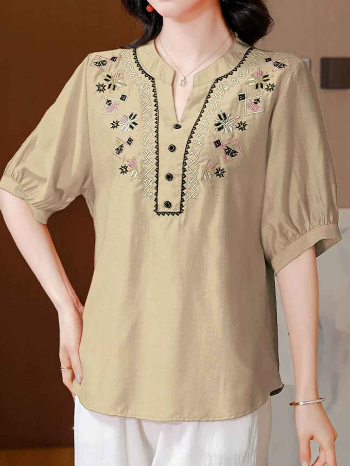 Hailey Loose V-Neck Puff Sleeve Embroidered Top