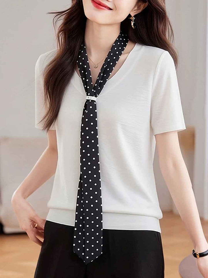 Leah Daily V-Neck Polka Dot Ribbon Top