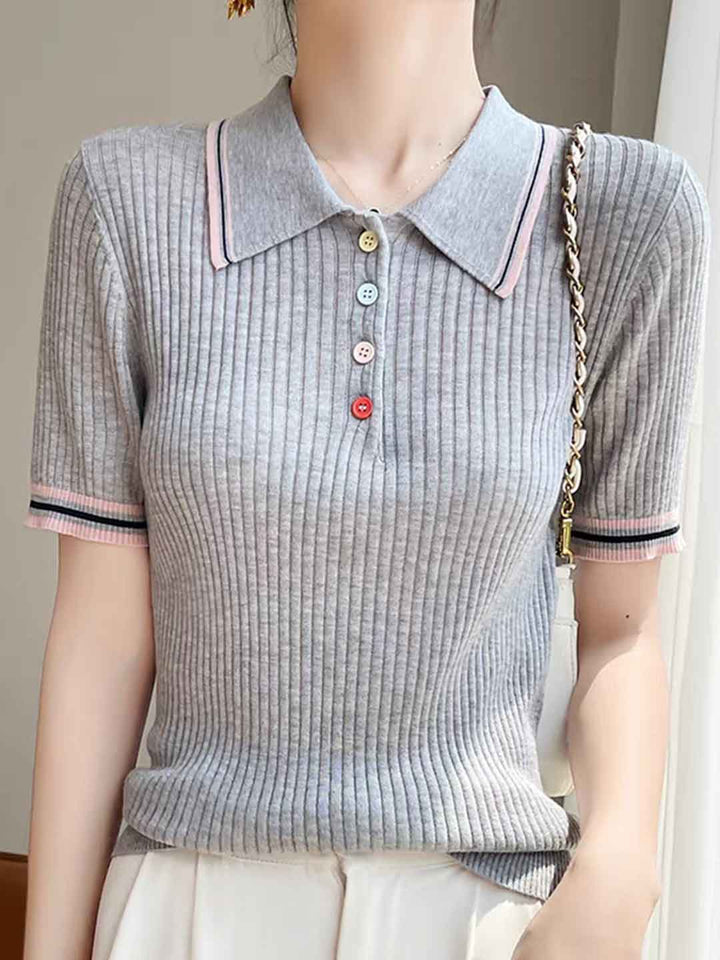 Leah Classic Lapel Colorful Button Knitted Top