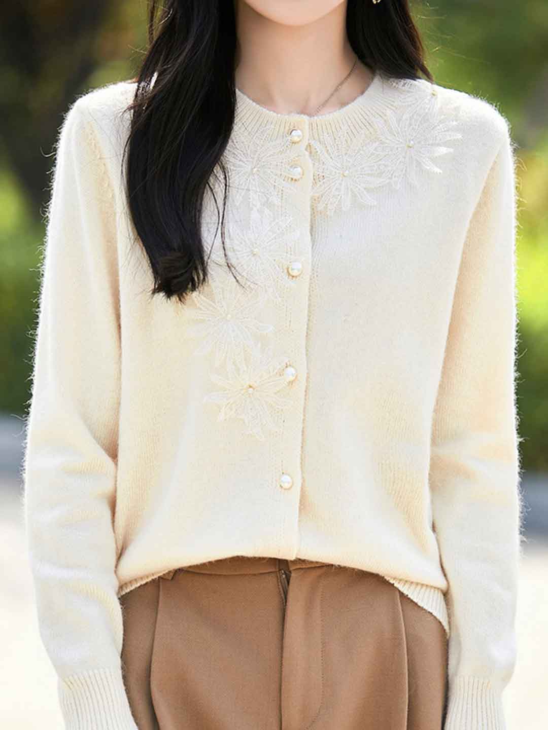 Sophie Classic Crew Neck Crocheted Solid Color Knitted Cardigan