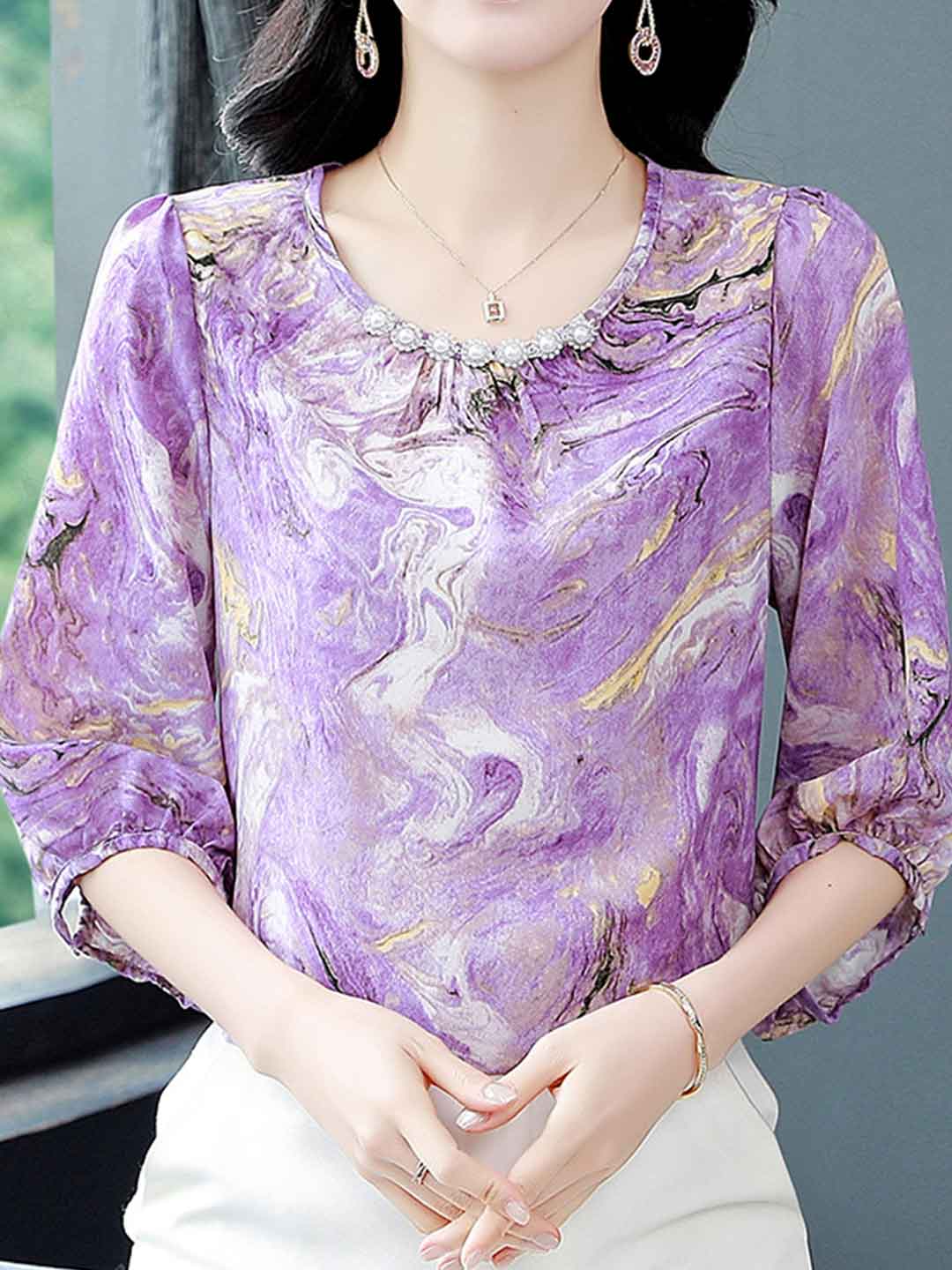 Genesis Vintage Crew Neck Beaded Chiffon Top