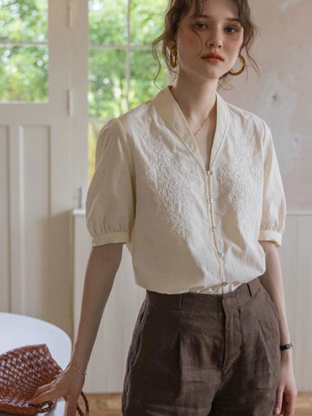 Sofia Daily V-Neck Solid Color Textured Blouse