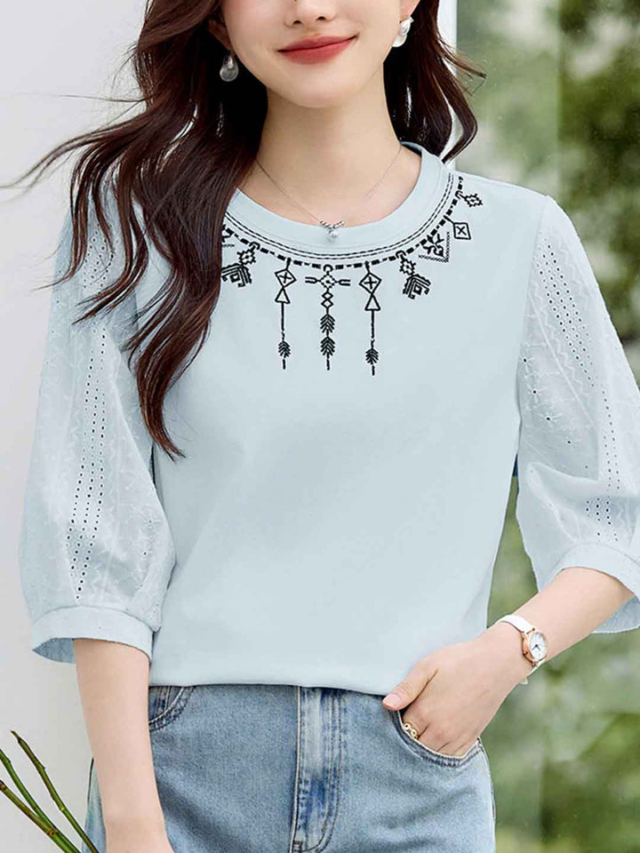 Isabella Loose Crew Neck Embroidered Top