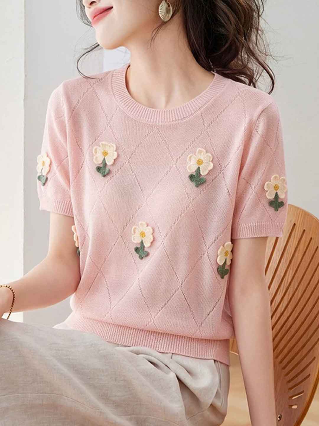 Emily Classic Crew Neck Hollowed Embroidered Knitted Top