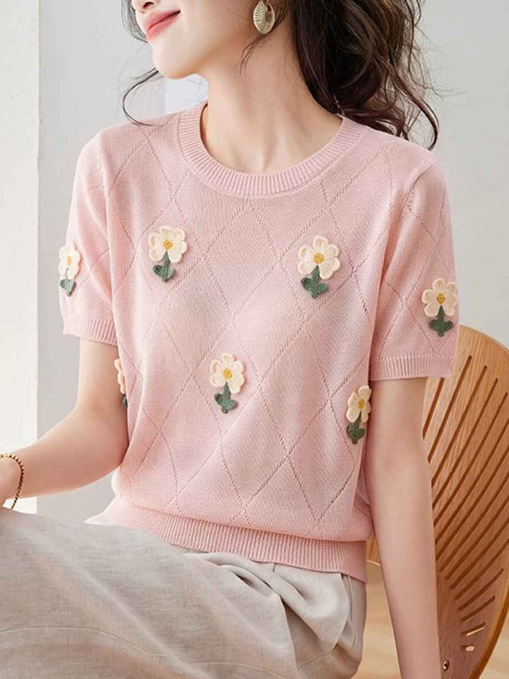 Emily Classic Crew Neck Hollowed Embroidered Knitted Top