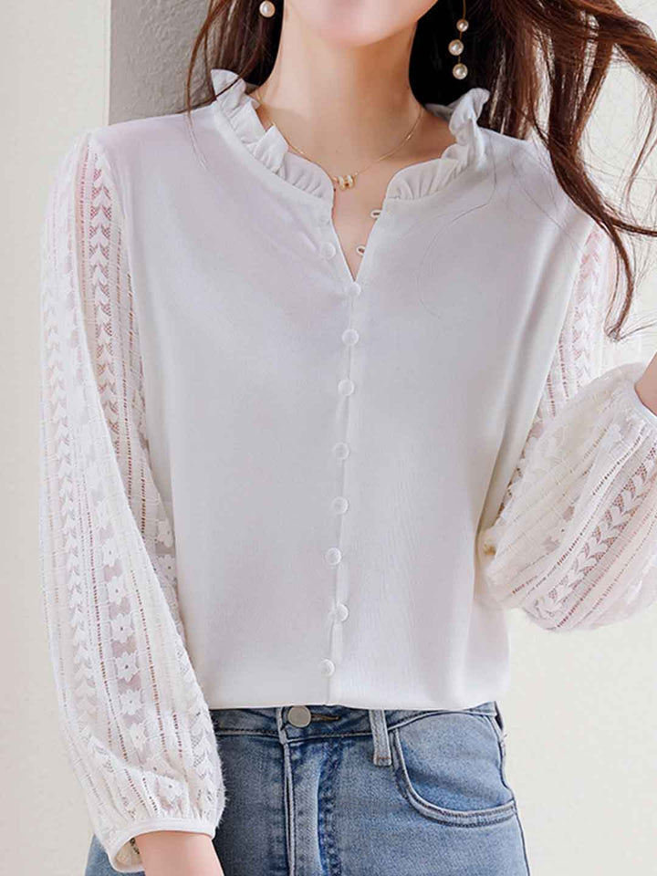 Arianna Loose Ruffle Collar Lantern Sleeve Lace Top