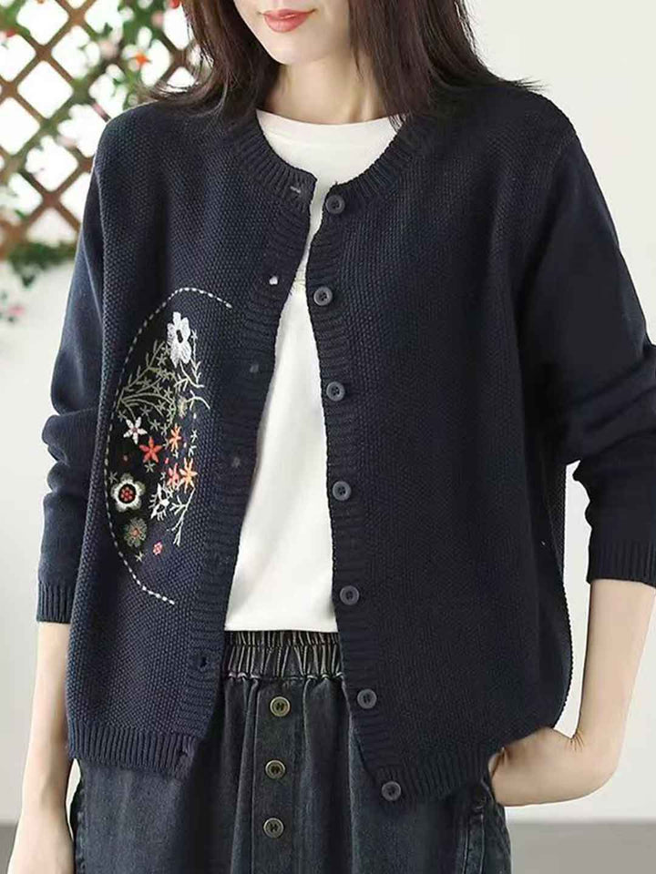 Anna Classic Crew Neck Embroidered Knitted Cardigan