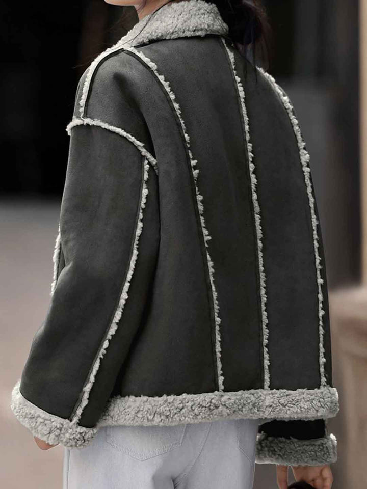 Natalie Retro Lapel Color-Blocked Suede Jacket