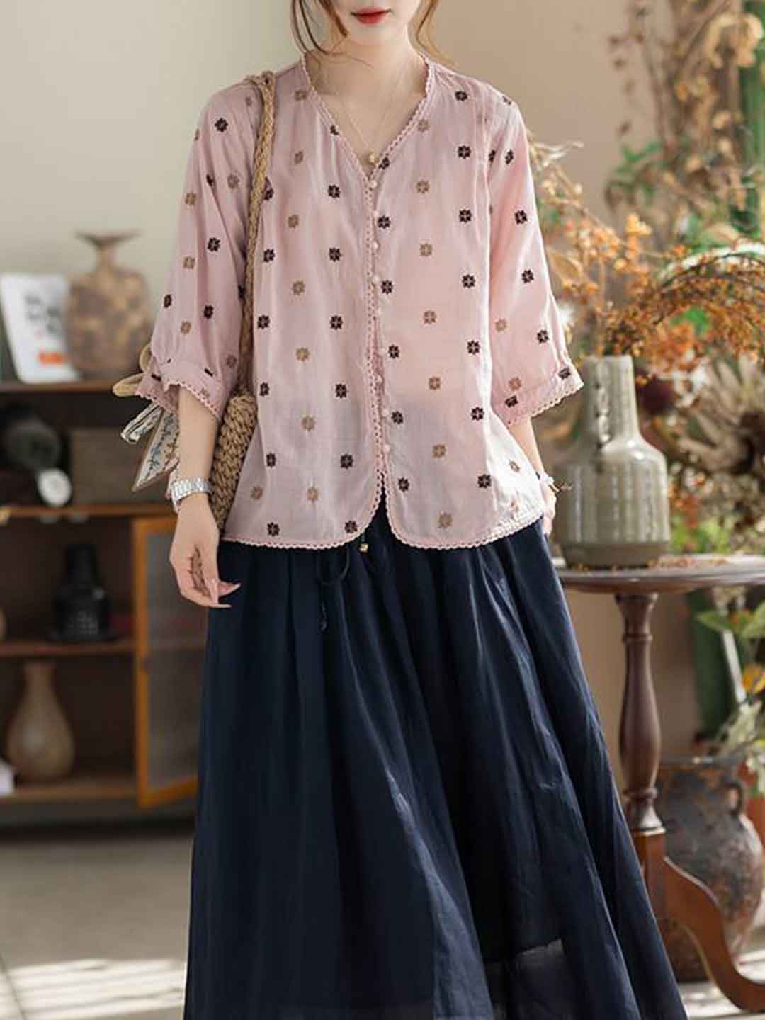 Alexis Loose V-Neck Embroidered Patchwork Blouse