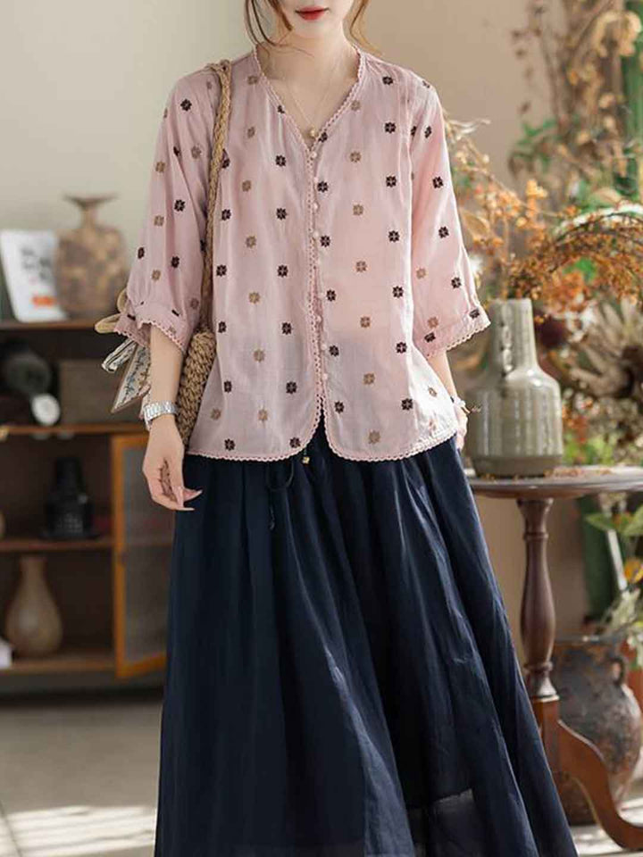 Alexis Loose V-Neck Embroidered Patchwork Blouse