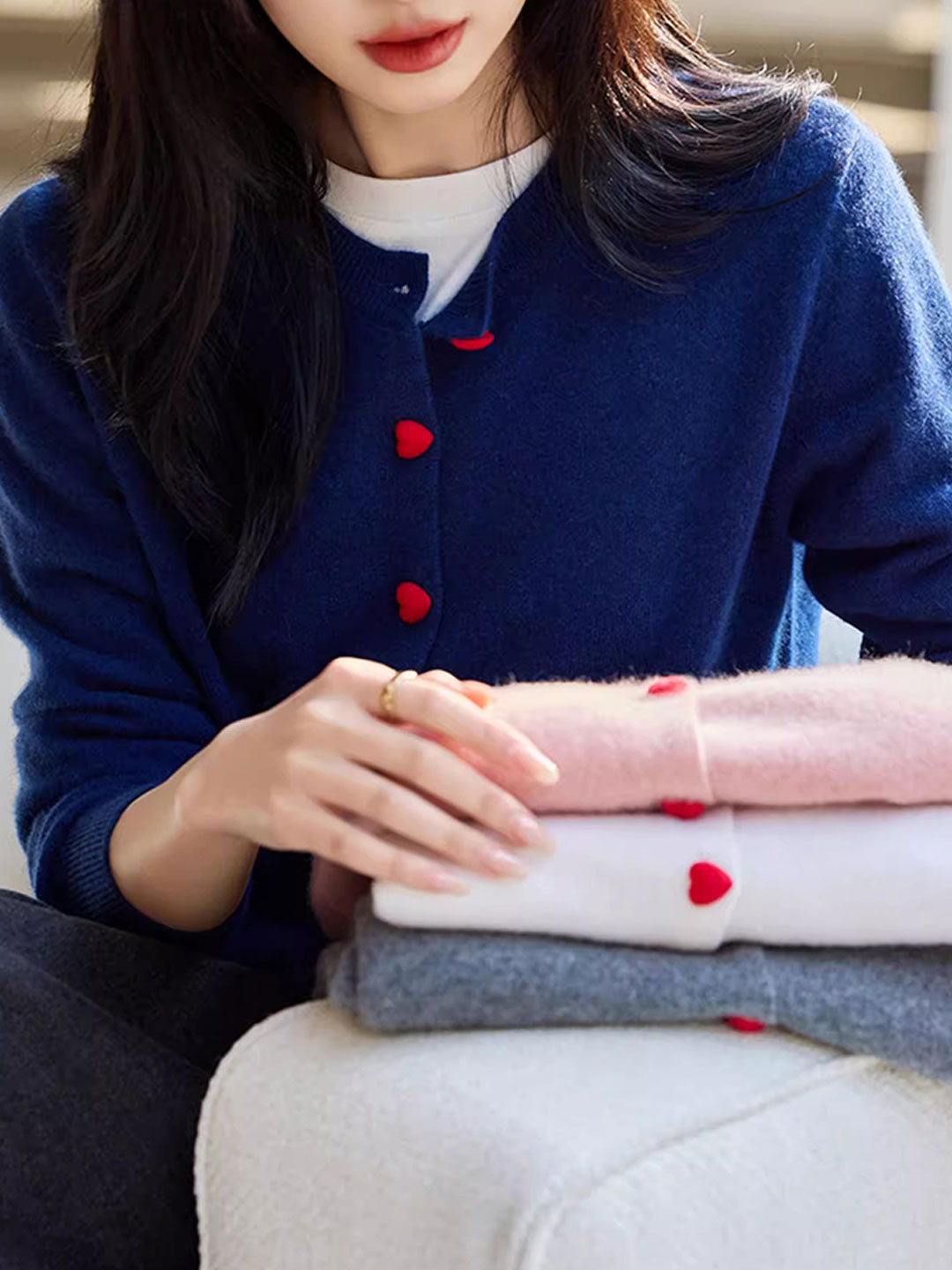 Raya Elegant Crew Neck Heart Button Knitted Cardigan