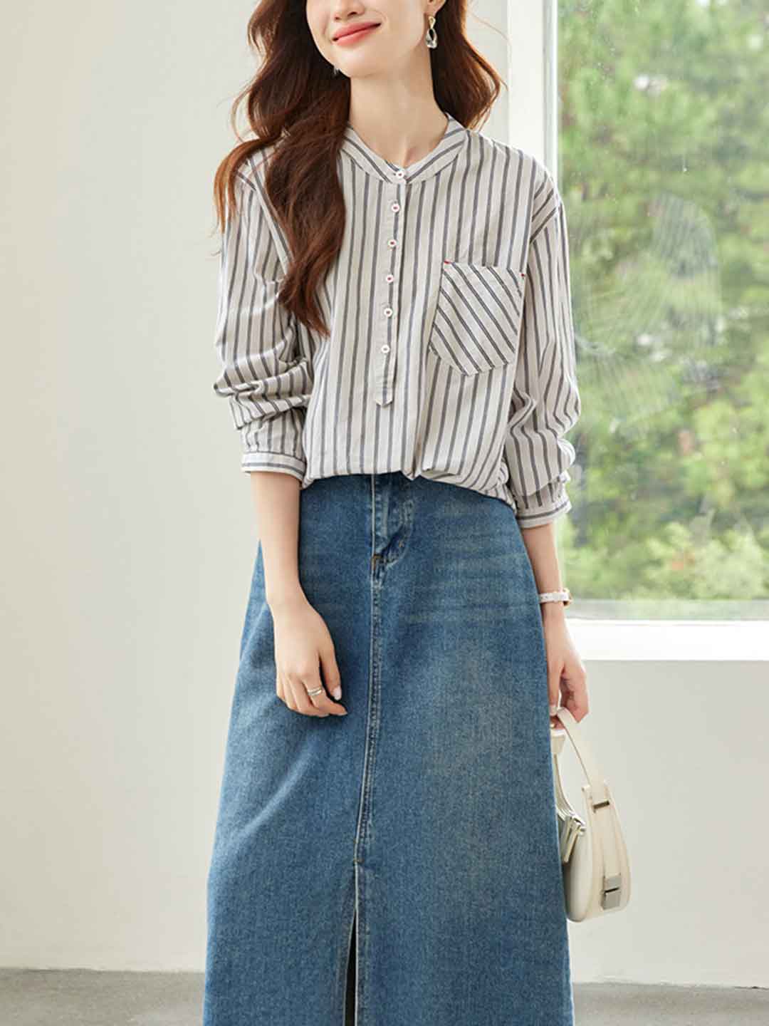 Ella Daily Crew Neck Striped Pullover Shirt