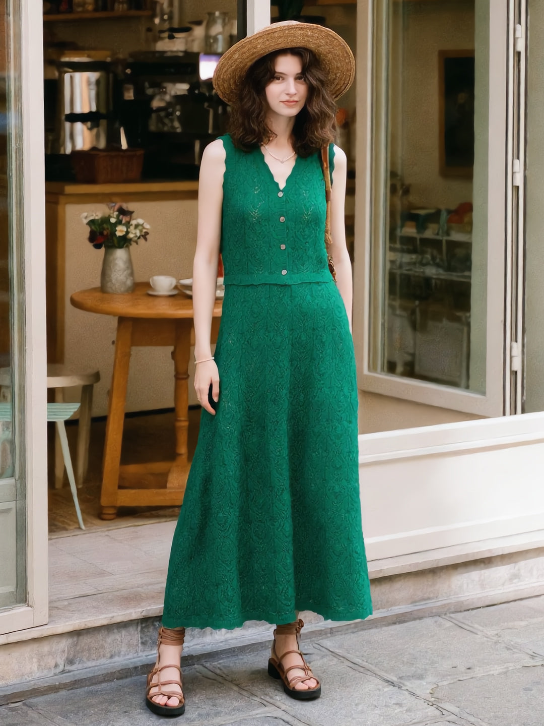 Hollow-out V-neck Knitted Maxi Dress Set