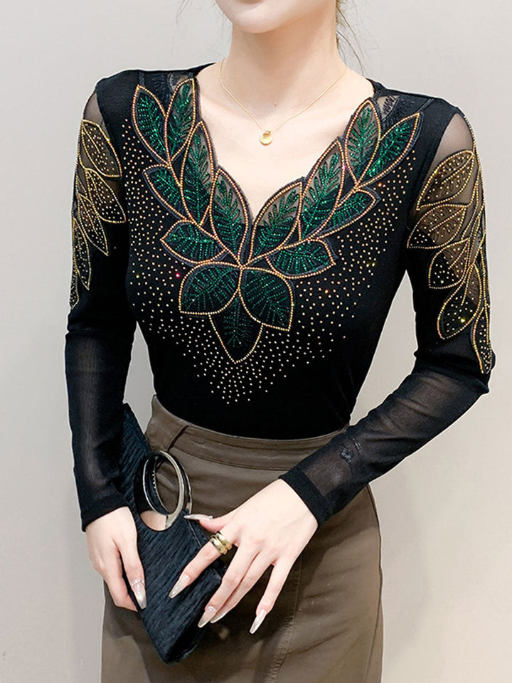 Evelyn Slim V-Neck Mesh Lace Rhinestone Top