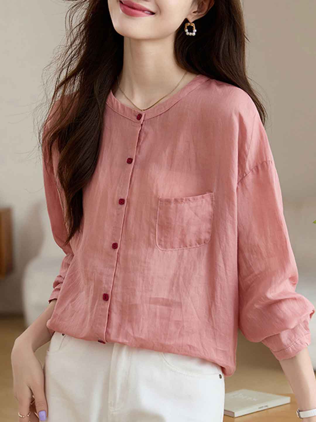 Katelyn Loose Crew Neck Solid Color Ramie Top