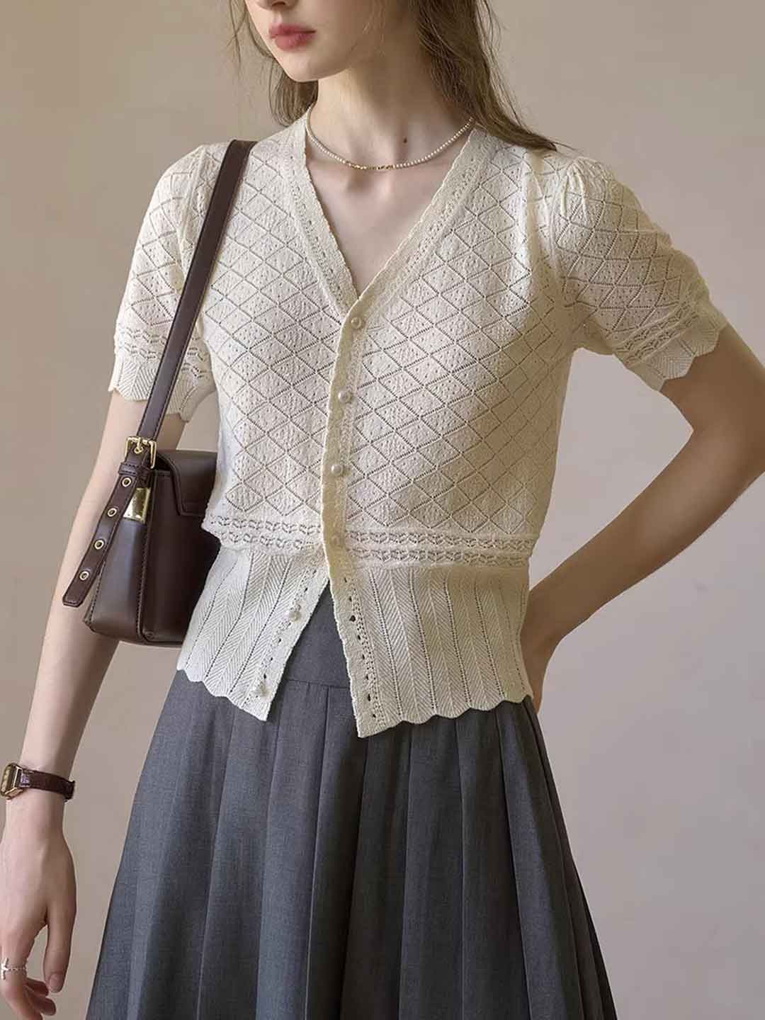 Hailey Daily V-Neck Solid Color Hollowed Cardigan
