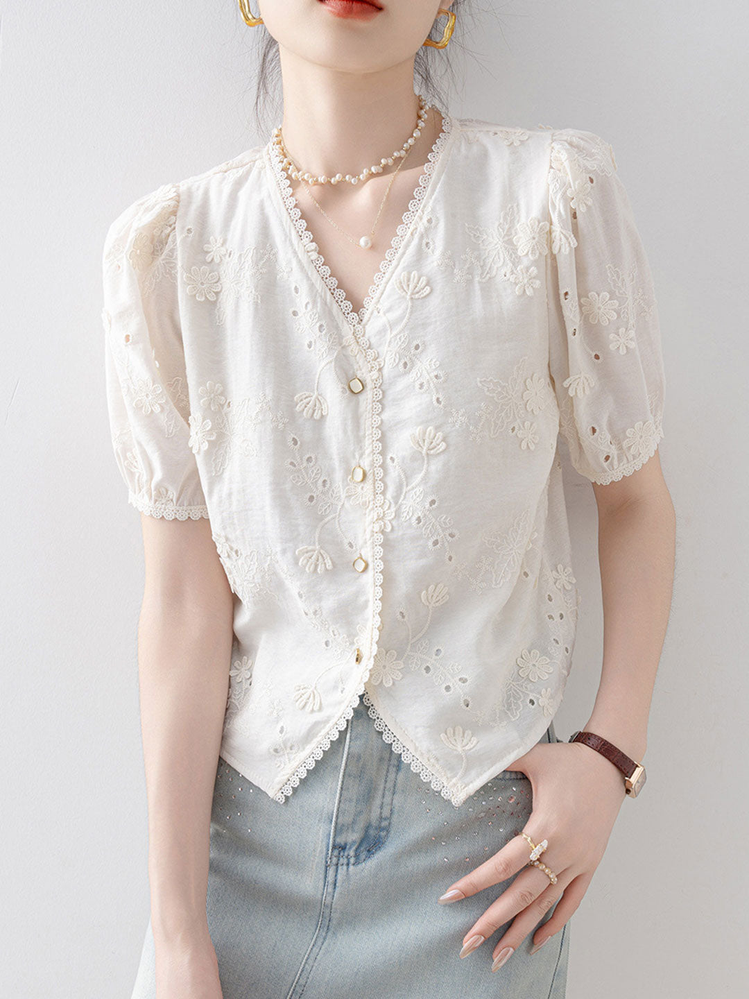 Grace Daily V-Neck Lace Hollowed Blouse