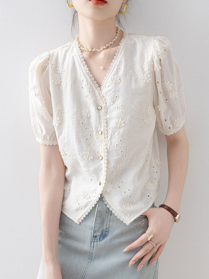 Grace Daily V-Neck Lace Hollowed Blouse