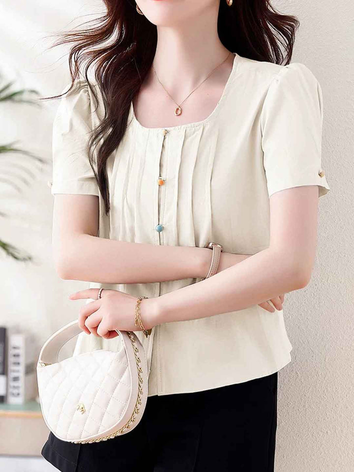 Hannah Retro Crew Neck Puff Sleeve Buttons Top