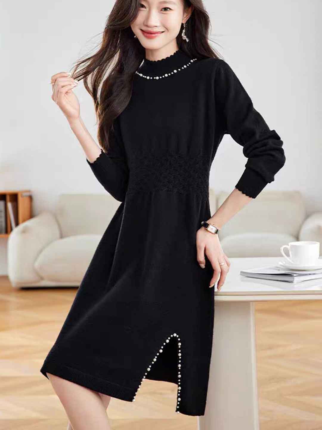Victoria Casual Turtleneck Beaded Knitted Sweater Dress
