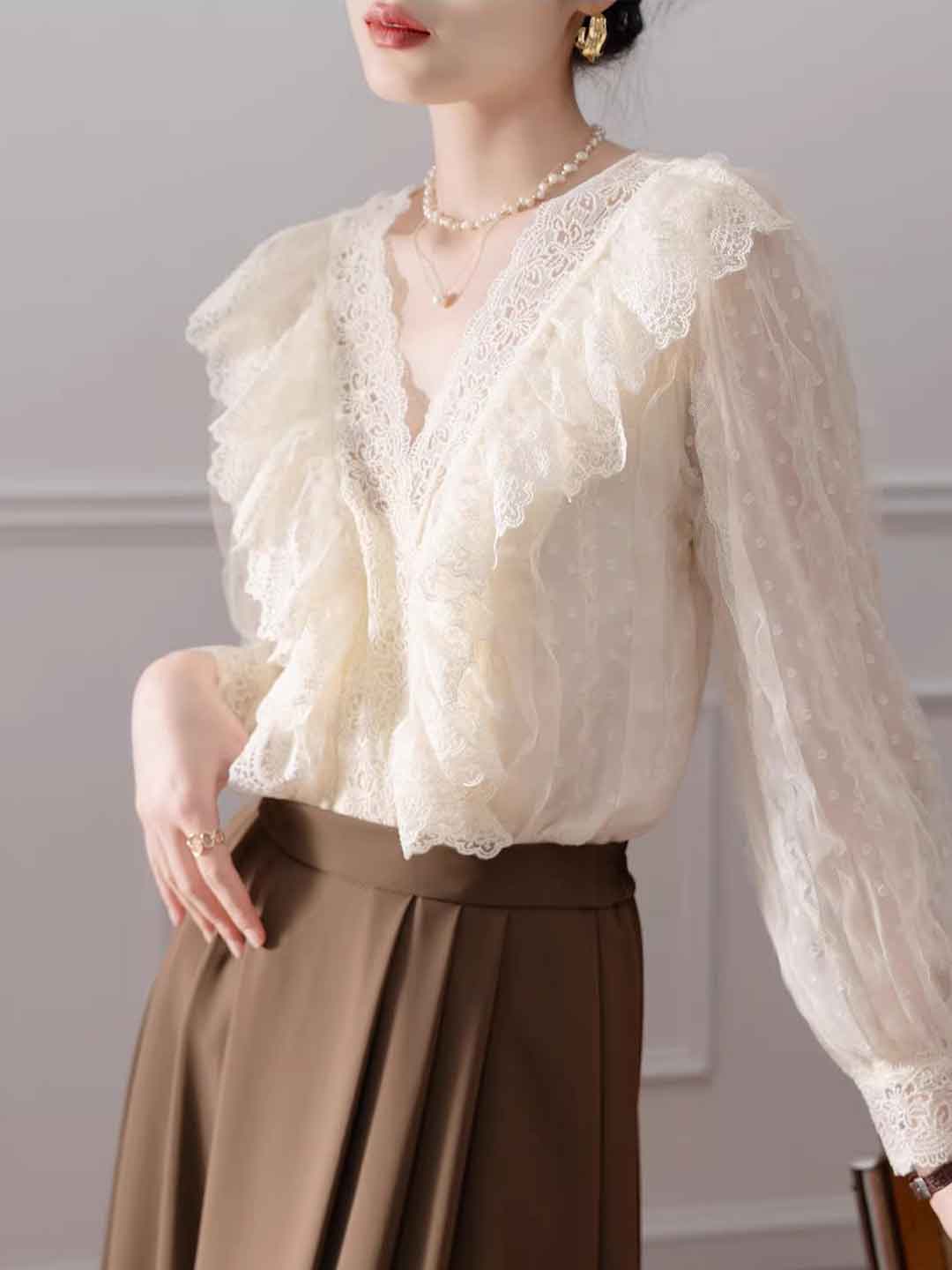 Mia Elegant V-Neck Ruffled Lace Blouse