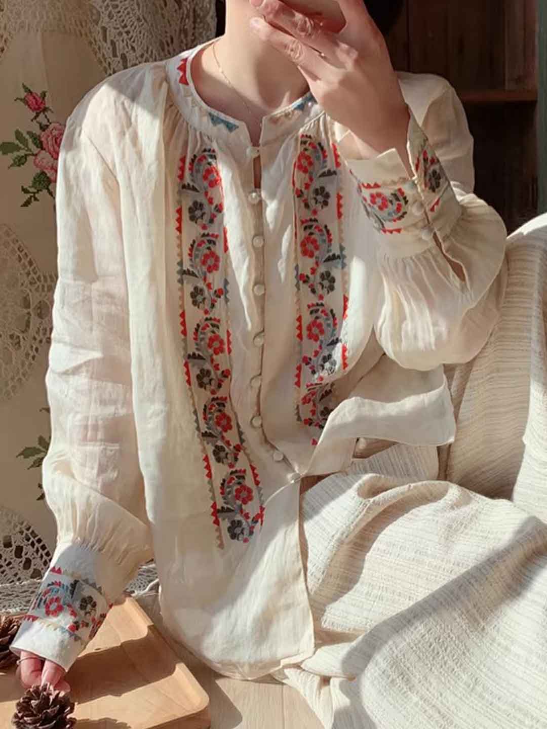 Jasmine Loose Crew Neck Lantern Sleeve Embroidered Top