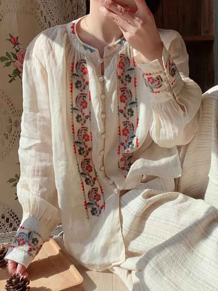 Jasmine Loose Crew Neck Lantern Sleeve Embroidered Top