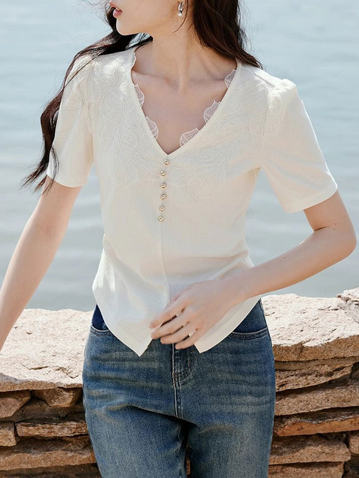 Trinity Vintage V-Neck Mesh Stitching Top