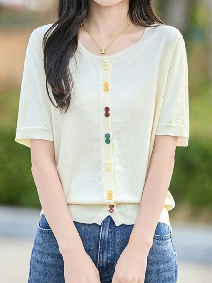 Trinity Loose Crew Neck Solid Color Knitted Cardigan