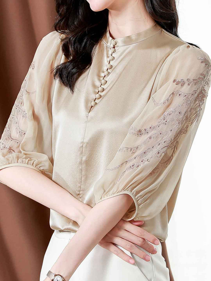 Taylor Loose Crew Neck Satin Embroidered Top