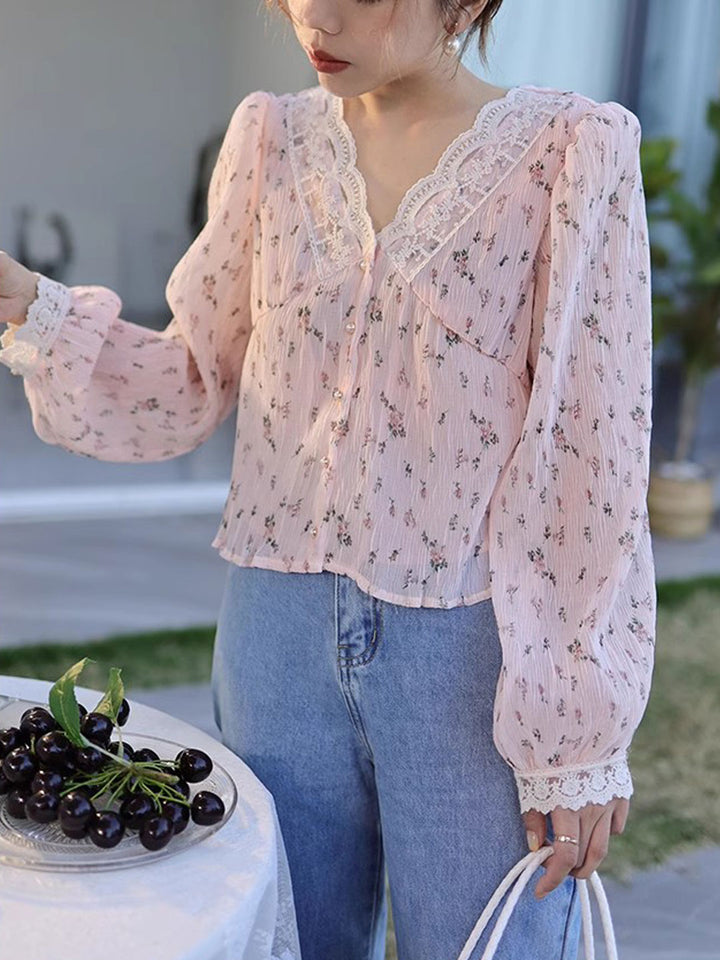 Lydia Retro V-Neck Lace Floral Chiffon Blouse