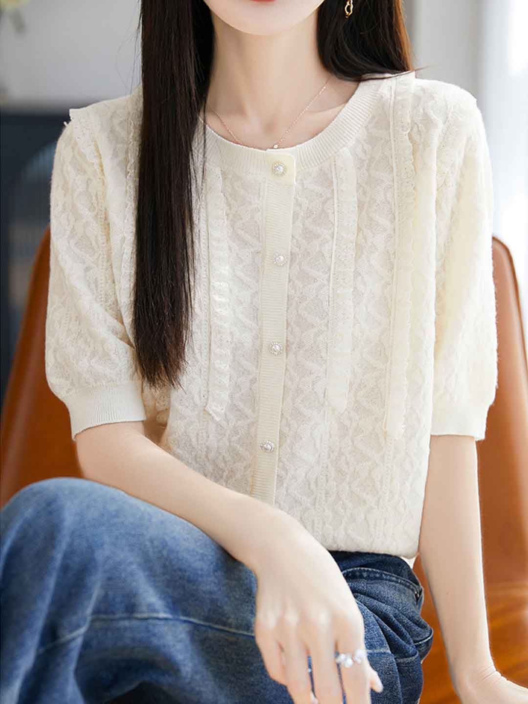Paige Classic Crew Neck Solid Color Lace Knitted Top