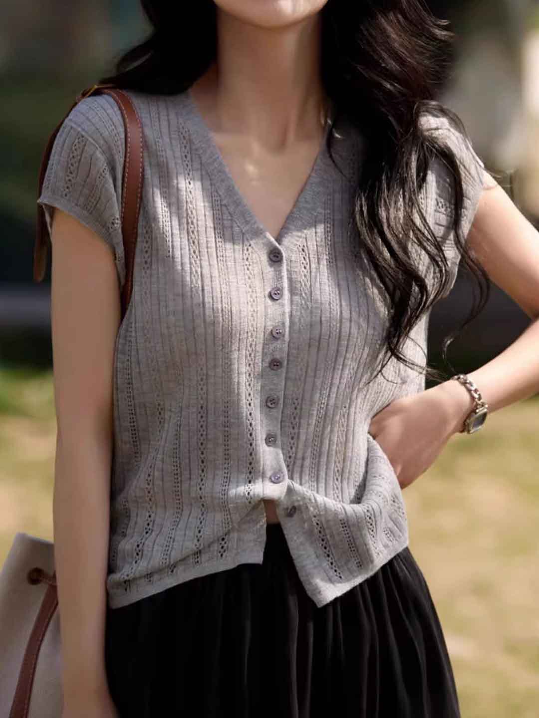 Rachel Classic V-Neck Solid Color Hollowed Knitted Top