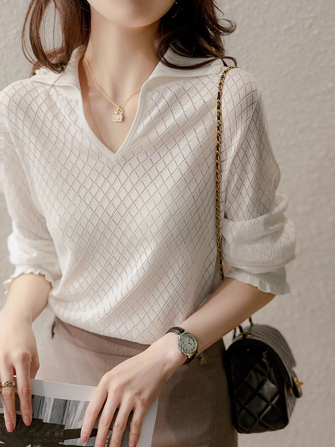 Ashley Classic V-Neck Hollow Solid Color Knitted Top