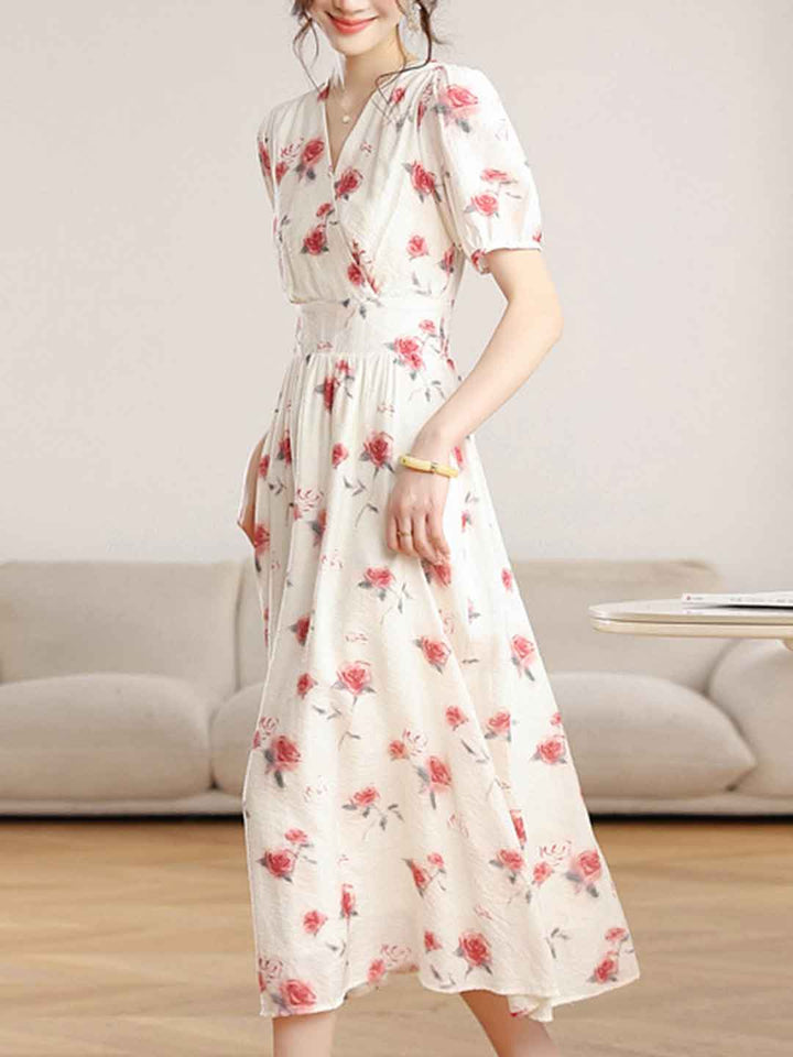 Mia Vacation V-Neck Puff Sleeve Floral Dress
