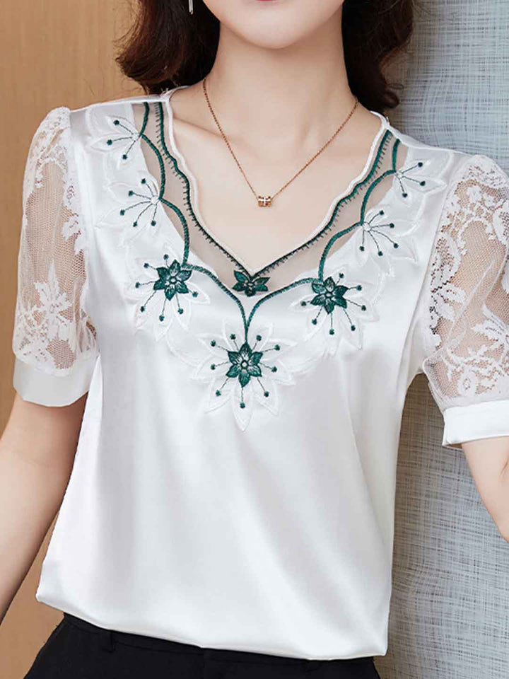 Peyton Classic V-Neck Satin Lace Chiffon Top