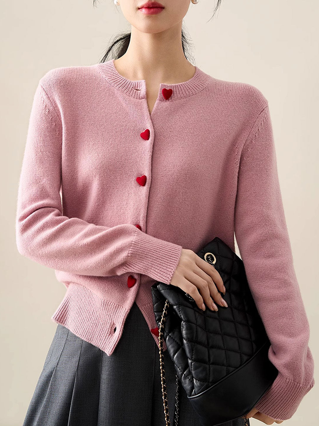 Raya Elegant Crew Neck Heart Button Knitted Cardigan-Pink