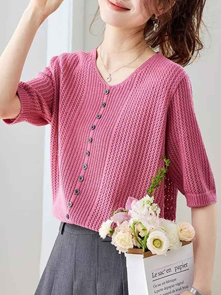 Emma Casual V-Neck Hollowed Knitted Top
