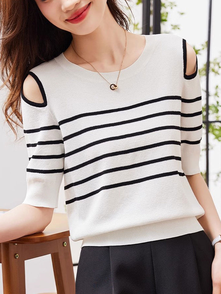 Lauren Casual Off-The-Shoulder Striped Knitted Top