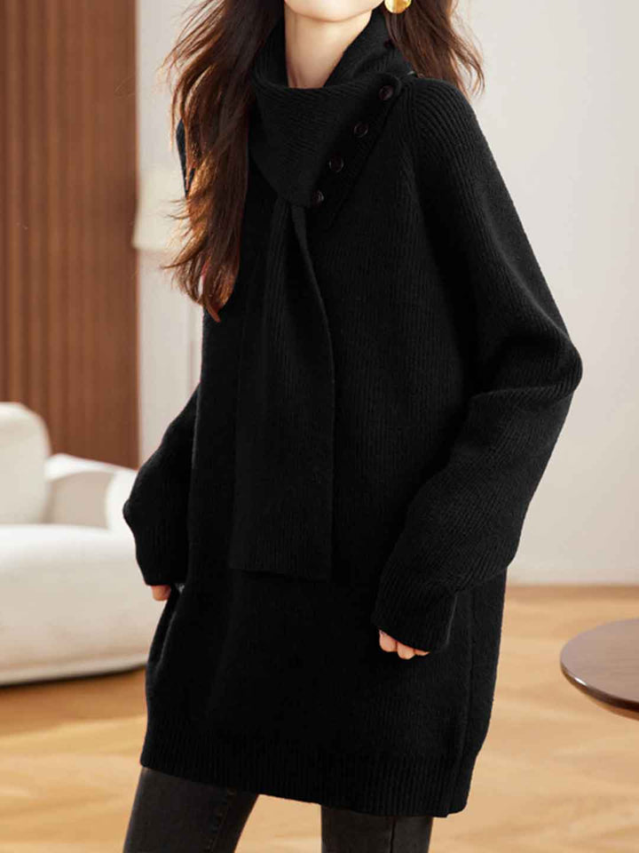 Maya Daily Button Scarf Solid Color Knitted Sweater
