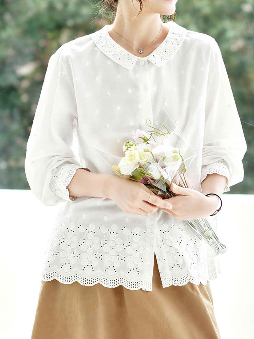 Emily Loose Doll Collar Embroidered Hollowed Top