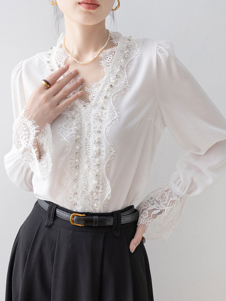 Lily Elegant V-Neck Lace Trimmed Blouse