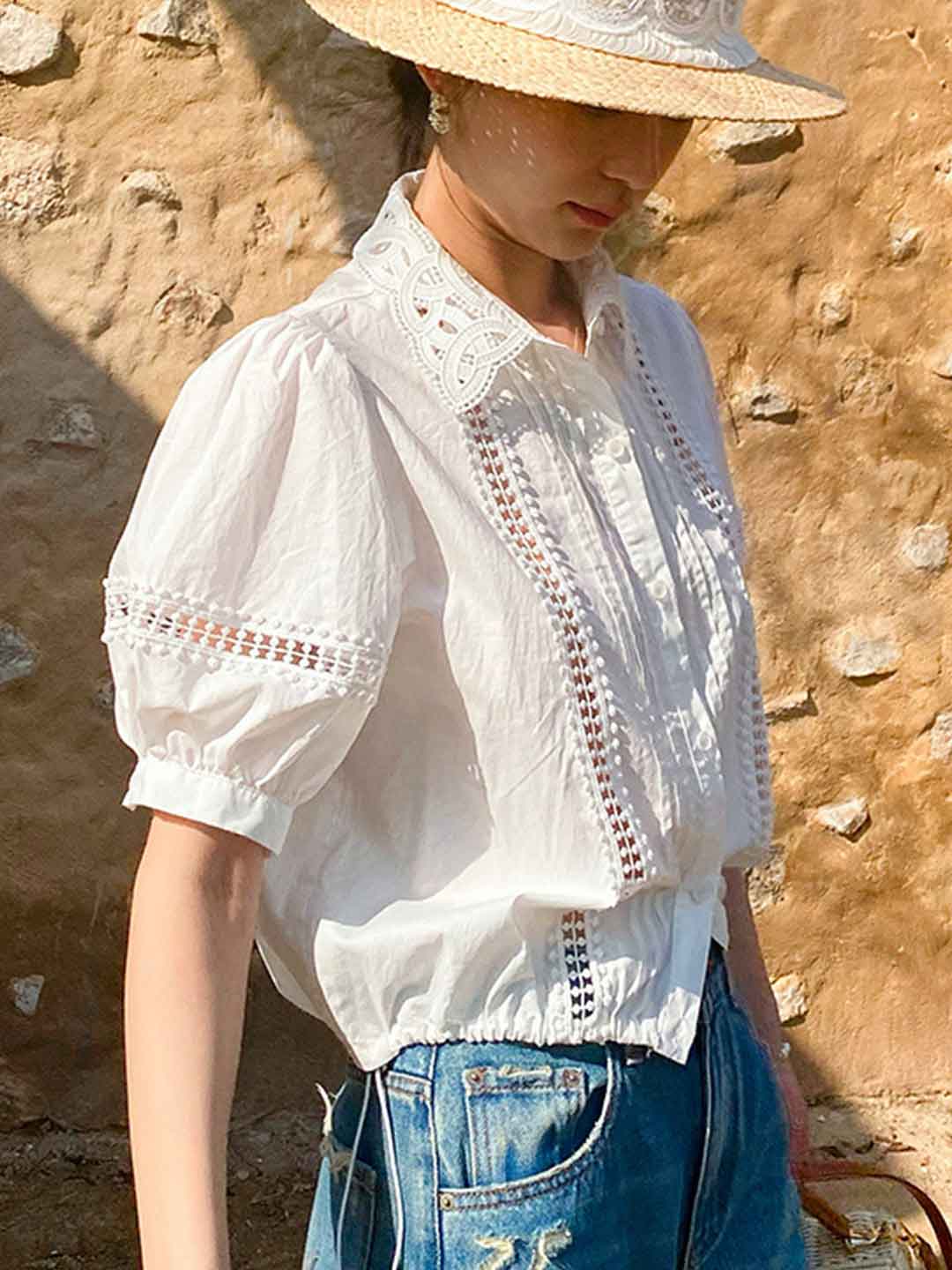 Destiny Daily Puff Sleeve Hollowed Striped Shirt